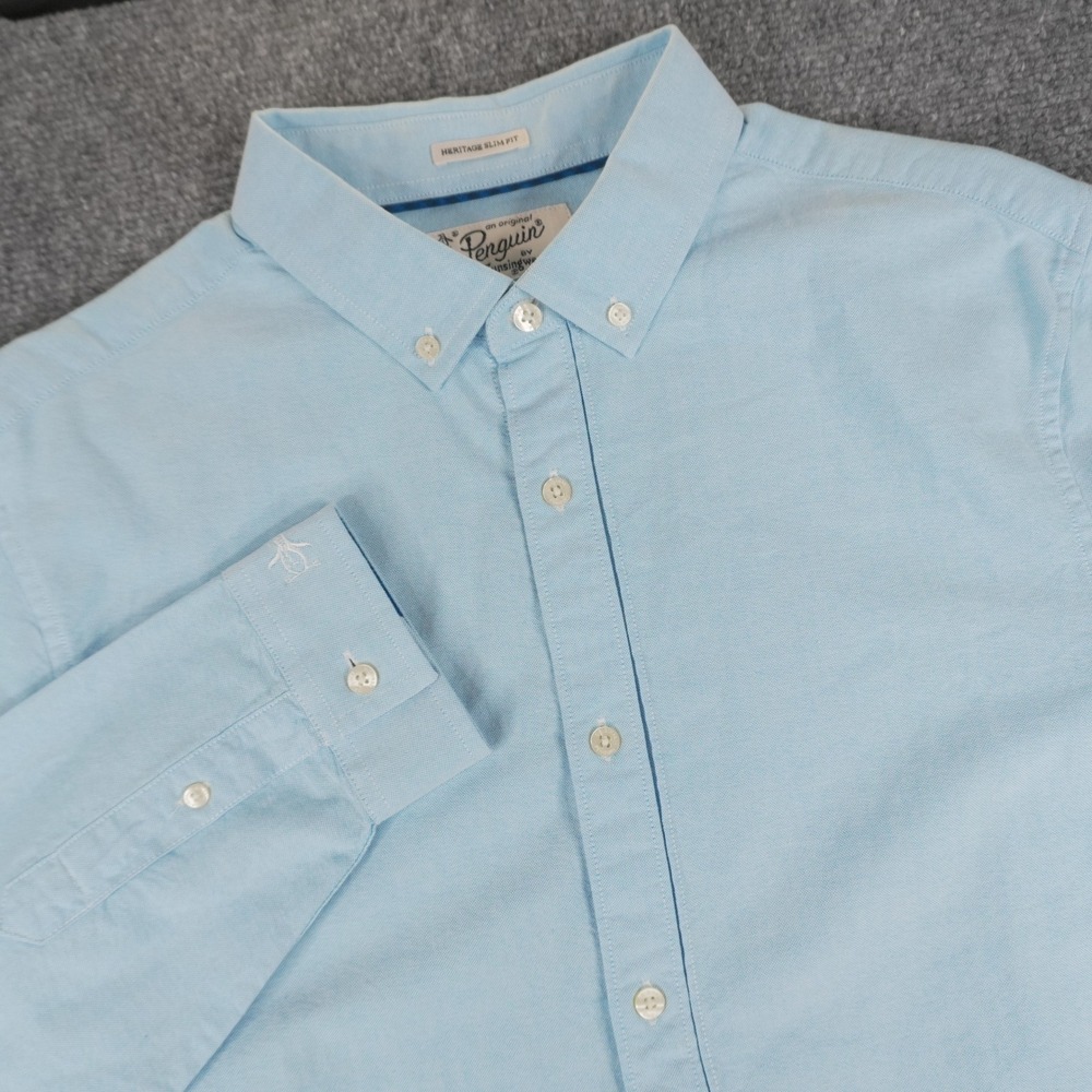 Original Penguin Button Down Shirt Men Large Light Blue Heritage Slim Fit Oxford
